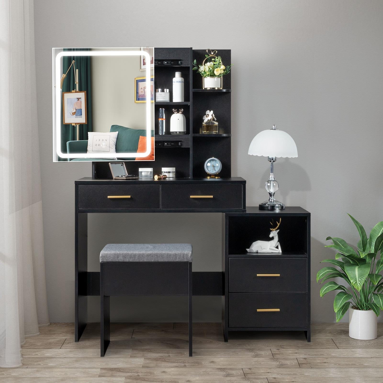 Lowest Prices - Ktaxon 3 Color Lighted Vanity Table with Sliding Mirror Vanity Set with Storage Drawers Hidden Shelves Cushion Stool White - JYSK