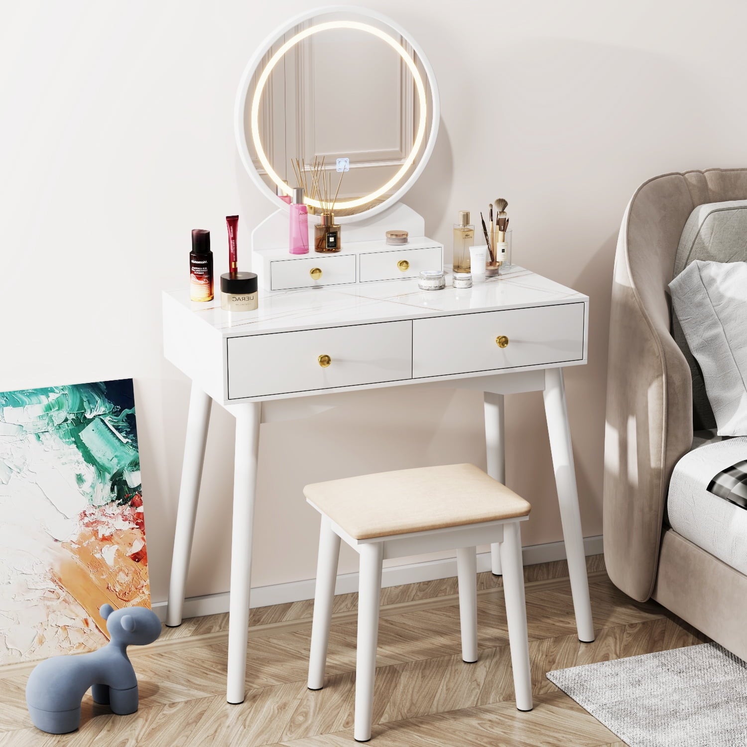 Lowest Prices - Furmax Vanity Table with Lighted Mirror, Vanity Desk with Stool, Dressing Table with 4 Drawers, Makeup Vanity Set, White Finish, for Bedroom - JYSK