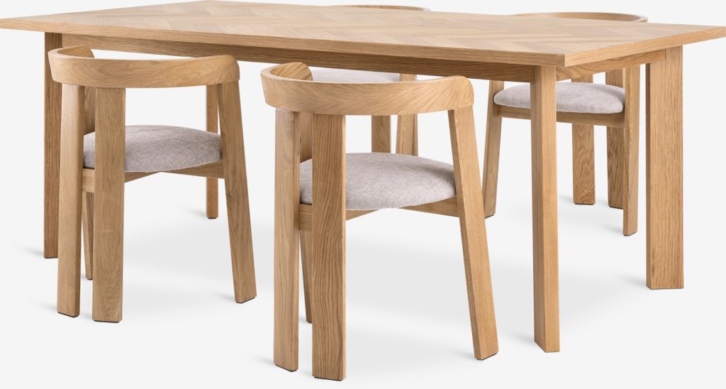 HARESKOV L200 table oak + 4 BOVRUP chairs oak/beige - JYSK