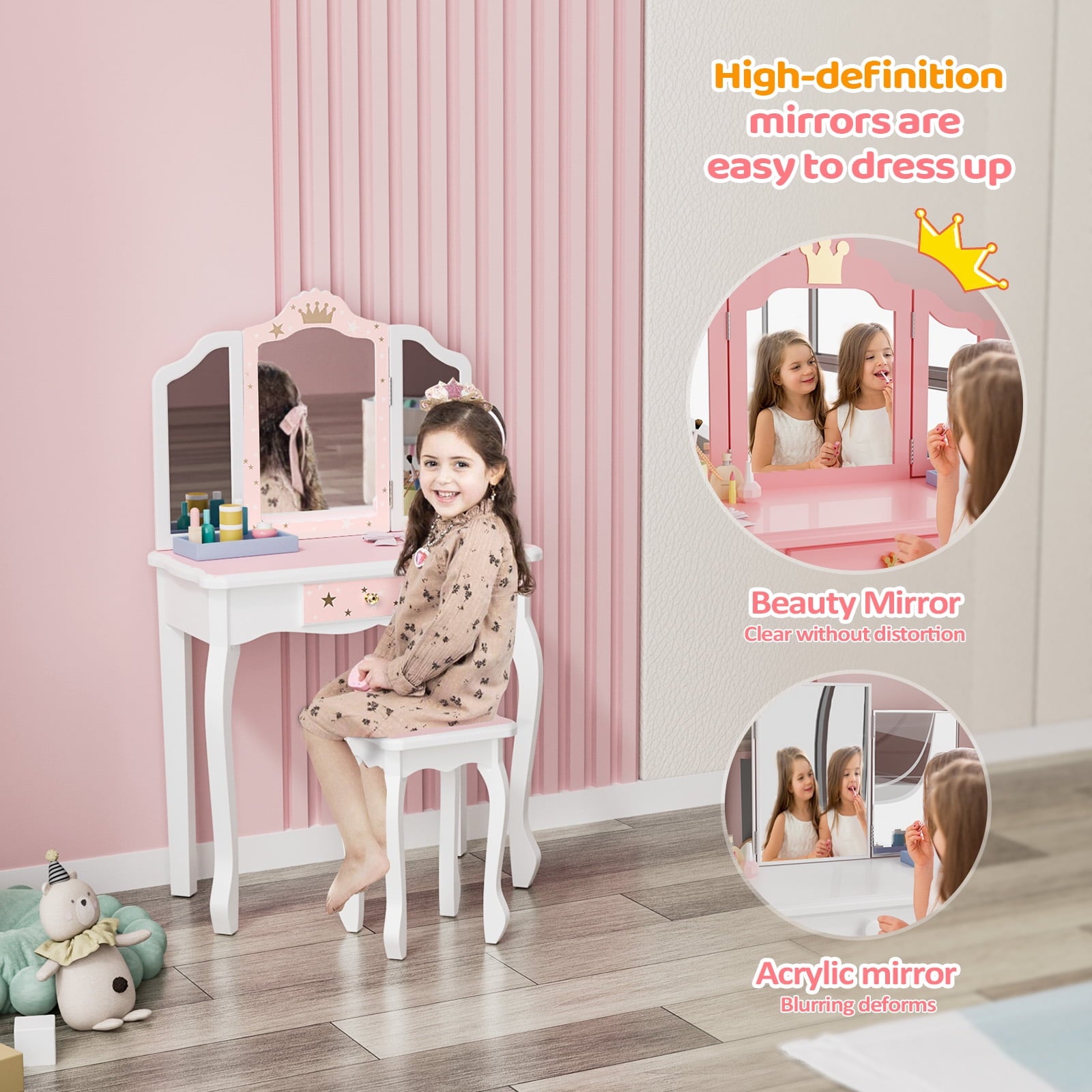 Lowest Prices - JOYMOR Kids Vanity Table and Stool for Makeup Dressing with Mirrors Drawers, White - JYSK