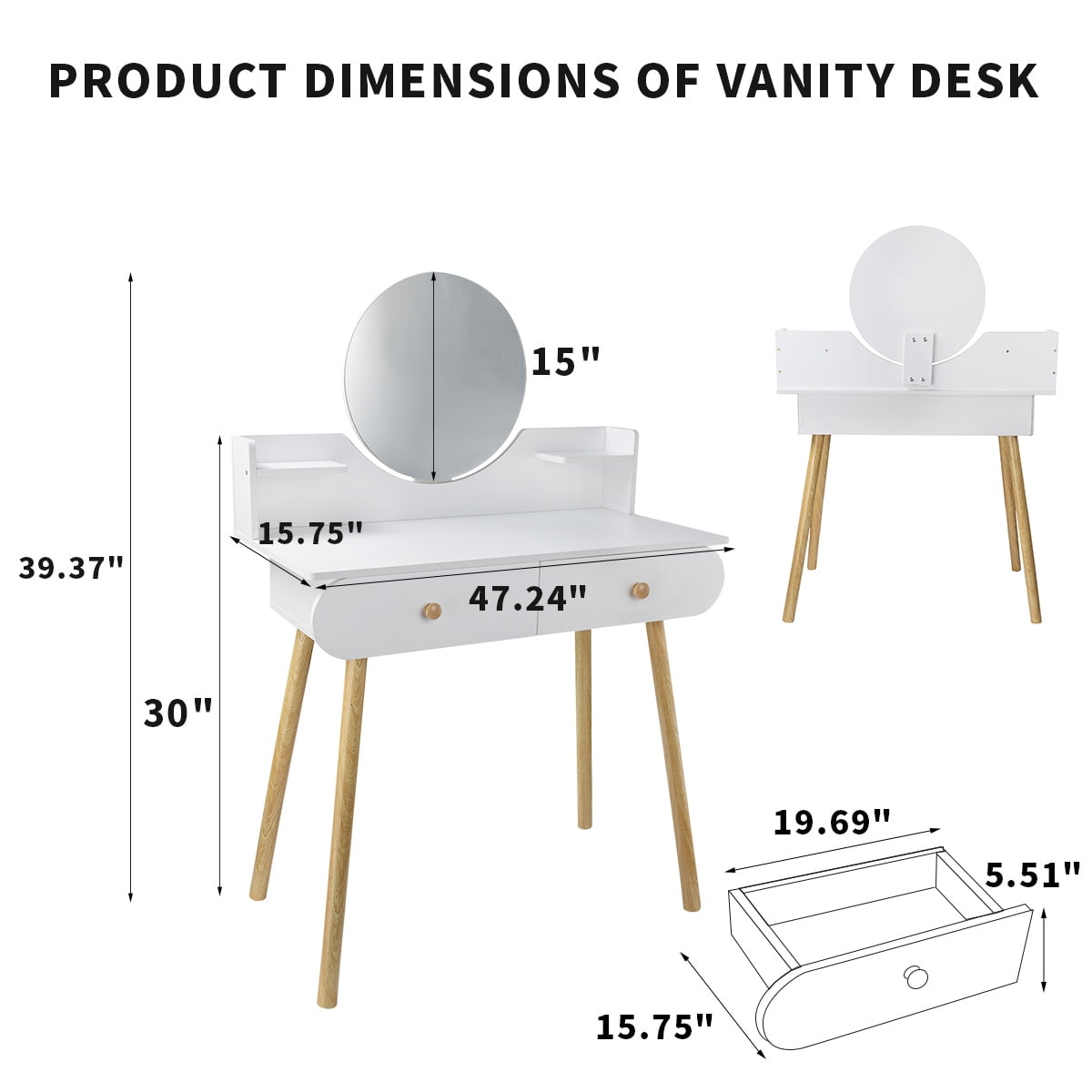 Lowest Prices - Modern Vanity Table Makeup Desk, 2 Drawers and 4 Shelves for Bedroom White(Without Stool and LED) - JYSK