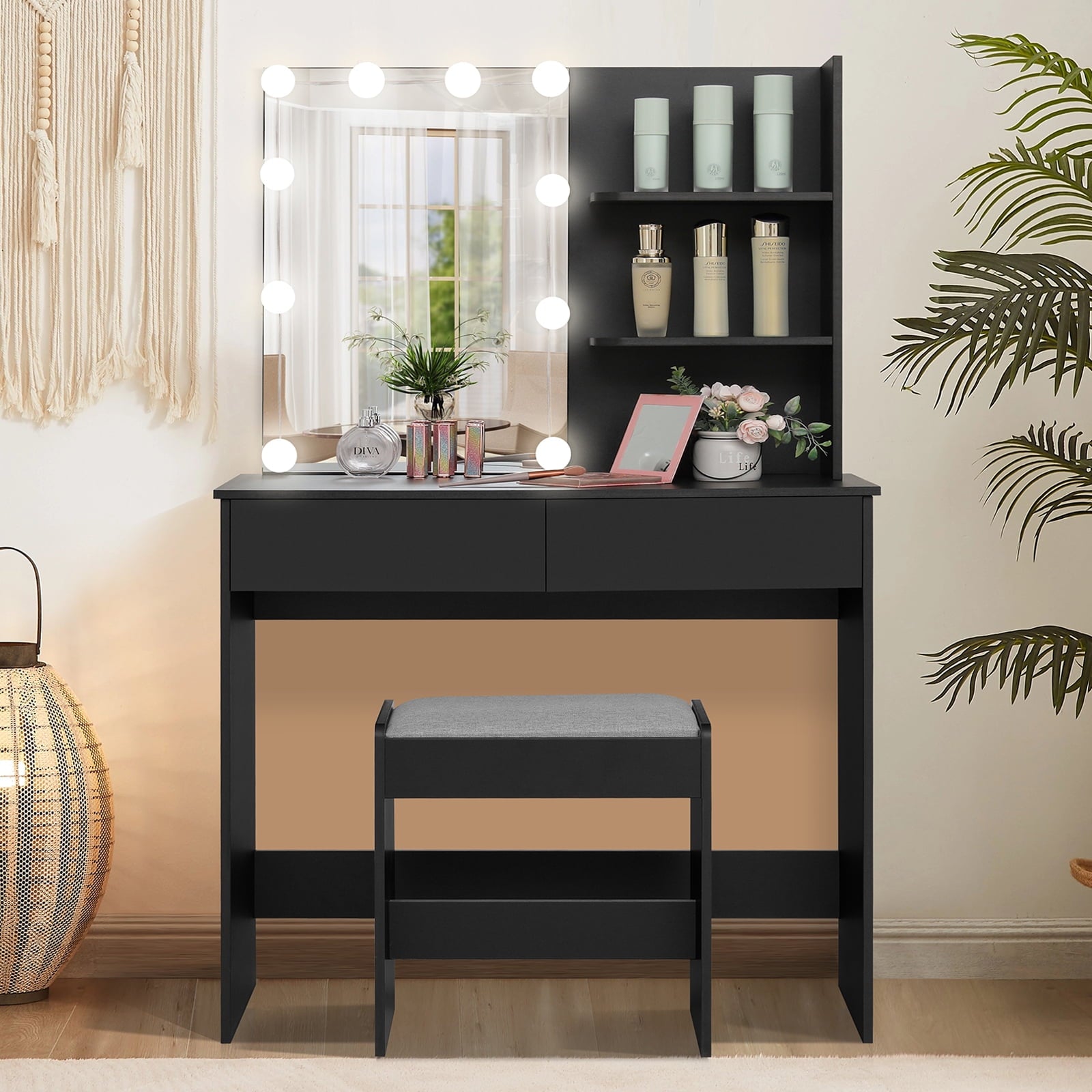 Lowest Prices - USIKEY Vanity Table Set for Gift with 10 Hollywood Style Lights, Dressing Vanity Table with 2 Long Shelves and 2 Big Drawers, Makeup Table with Cushioned Stool for Women, Girls, Bedroom, White - JYSK