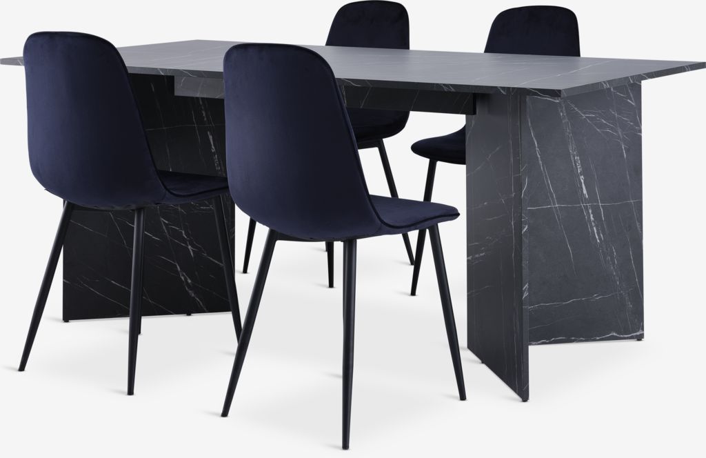 KRONDAL L180 table marble + 4 BISTRUP chairs b. dark velvet - JYSK