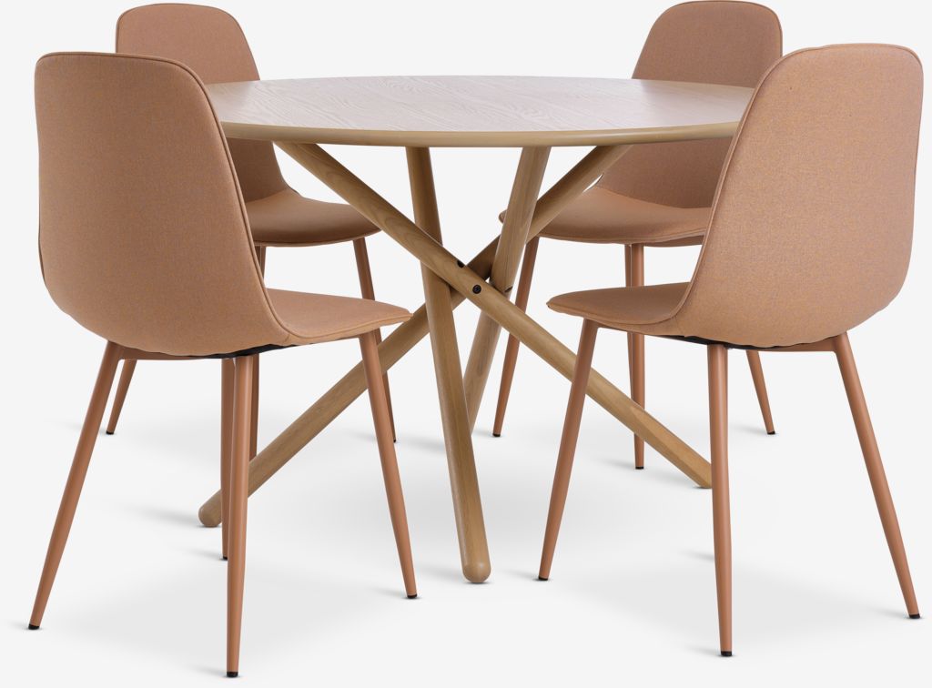 SKIBET D120 table light oak + 4 BISTRUP chairs dusty peach - JYSK