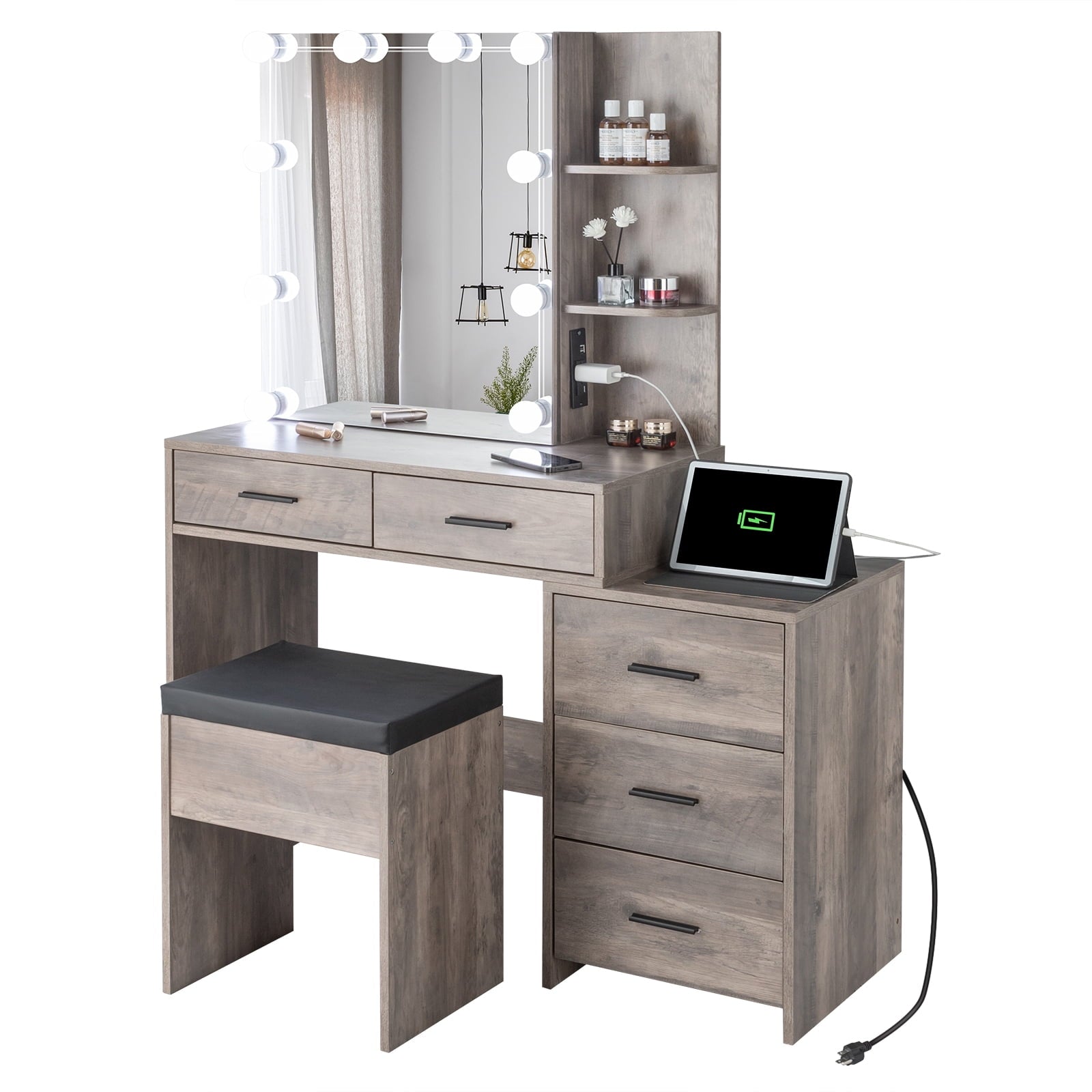 Lowest Prices - Ktaxon Lighted Vanity Makeup Table Set with Charging Station, Sliding Mirror with Cushioned Stool - JYSK