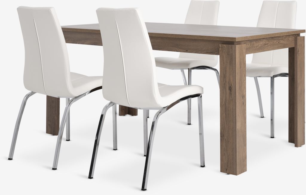 VEDDE L160 table wild oak + 4 HAVNDAL white/chrome - JYSK