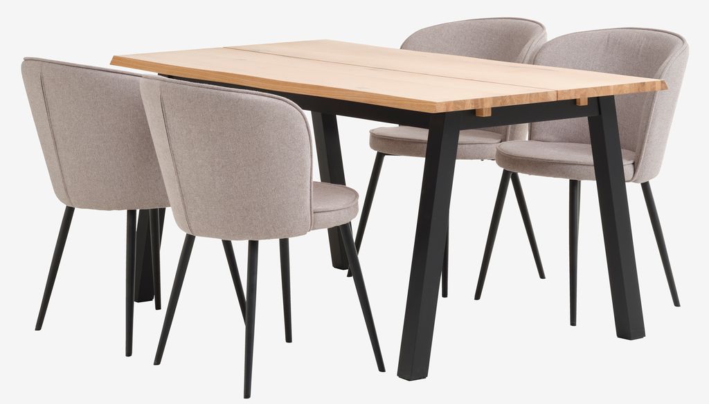 SKOVLUNDE L160 table natural oak + 4 RISSKOV chair l. grey - JYSK