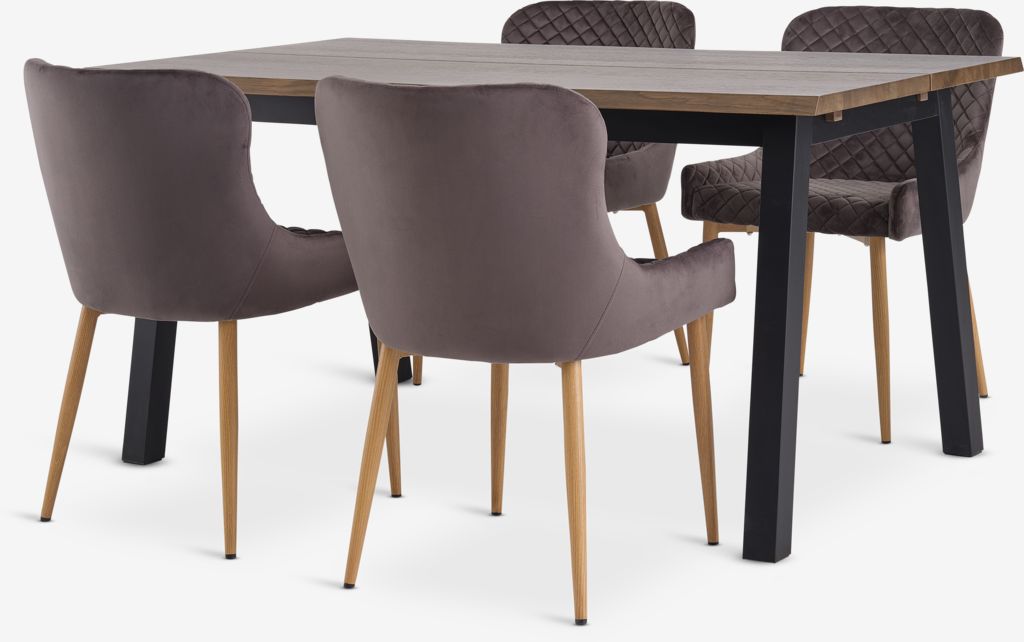 SKOVLUNDE L160 table dark oak + 4 PEBRINGE grey velvet - JYSK