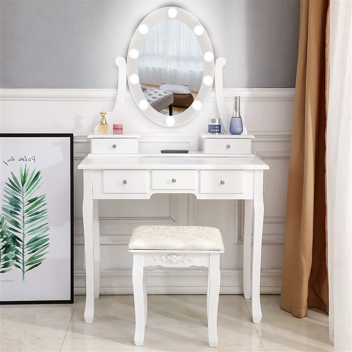 Lowest Prices - Ktaxon Vanity Table 10 LED Lights, 5 Drawers Makeup Dressing Desk with Cushioned Stool Set,Bedroom Vanities Set White - JYSK