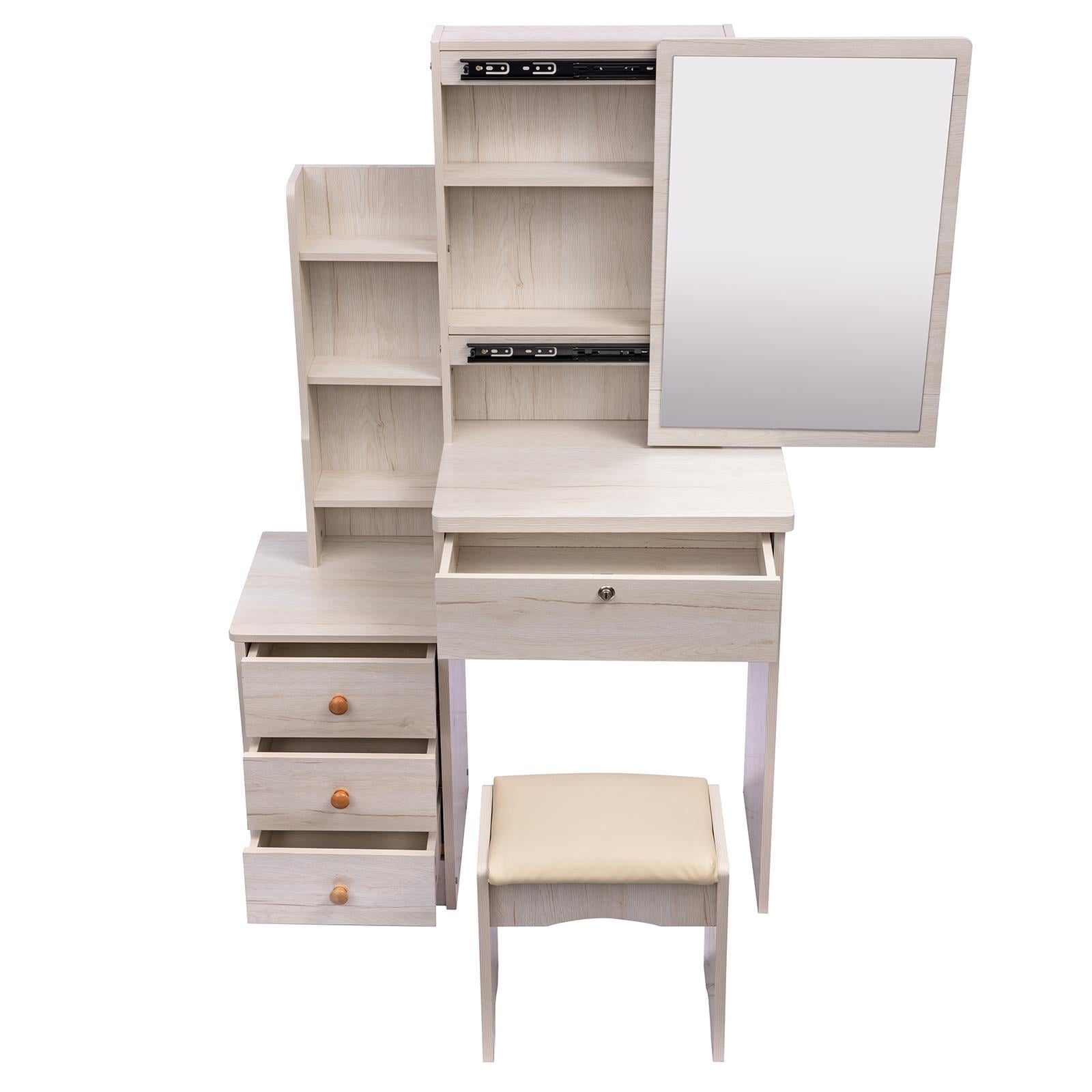 Lowest Prices - UBesGoo Vanity Set with Sliding Mirror, Makeup Vanity Dressing Table with 4 Drawers, Shelves, Dresser Desk and Cushioned Stool Set (White Oak Color) - JYSK