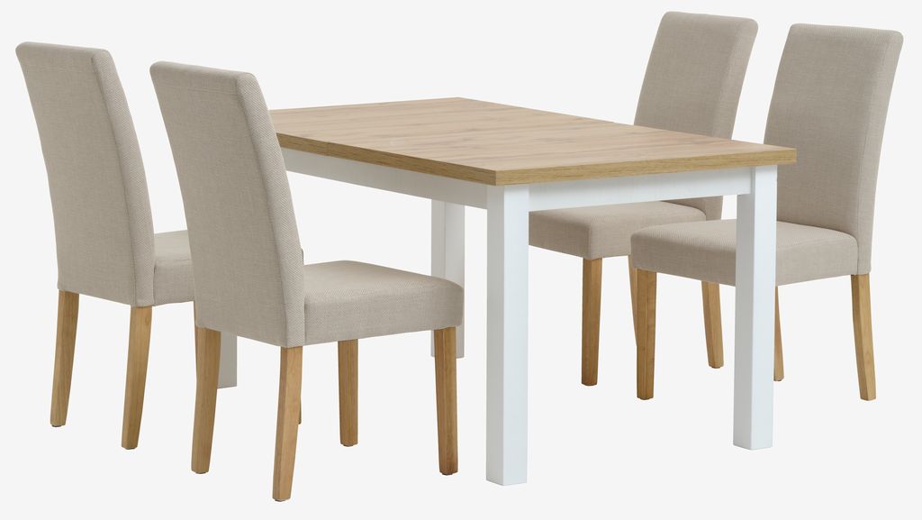 MARKSKEL L150/193 table white/oak+4 TUREBY chairs beige - JYSK