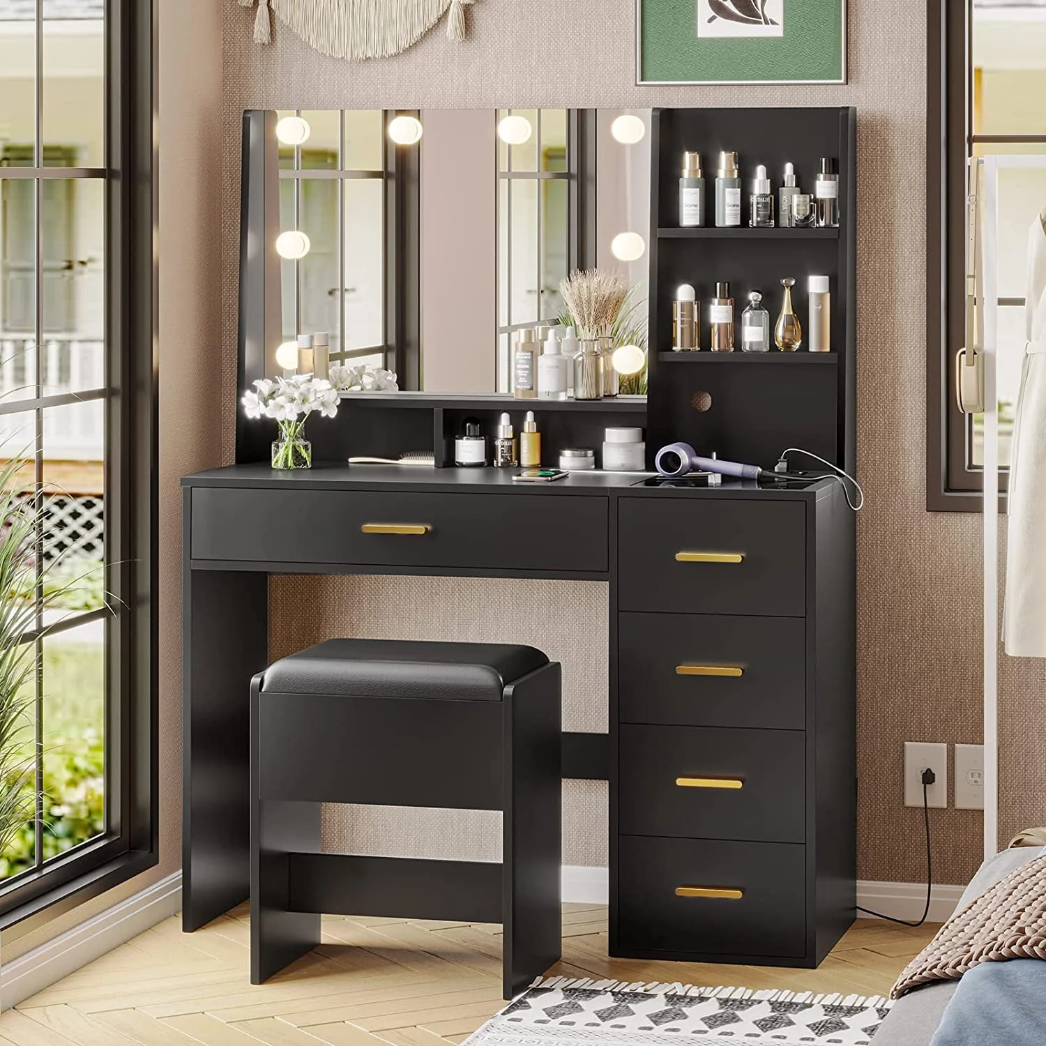 Lowest Prices - Black Vanity Set with Lights & Charging Station & Cushioned Stool, Modern Makeup Vanity Desk Table with Visible Drawers and Open Storage Shelves for Women Girls - JYSK