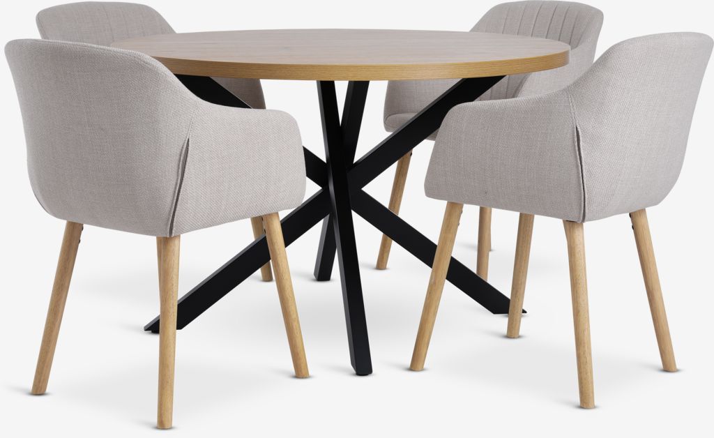 NORTOFT D120 table oak + 4 ADSLEV chairs beige/oak - JYSK
