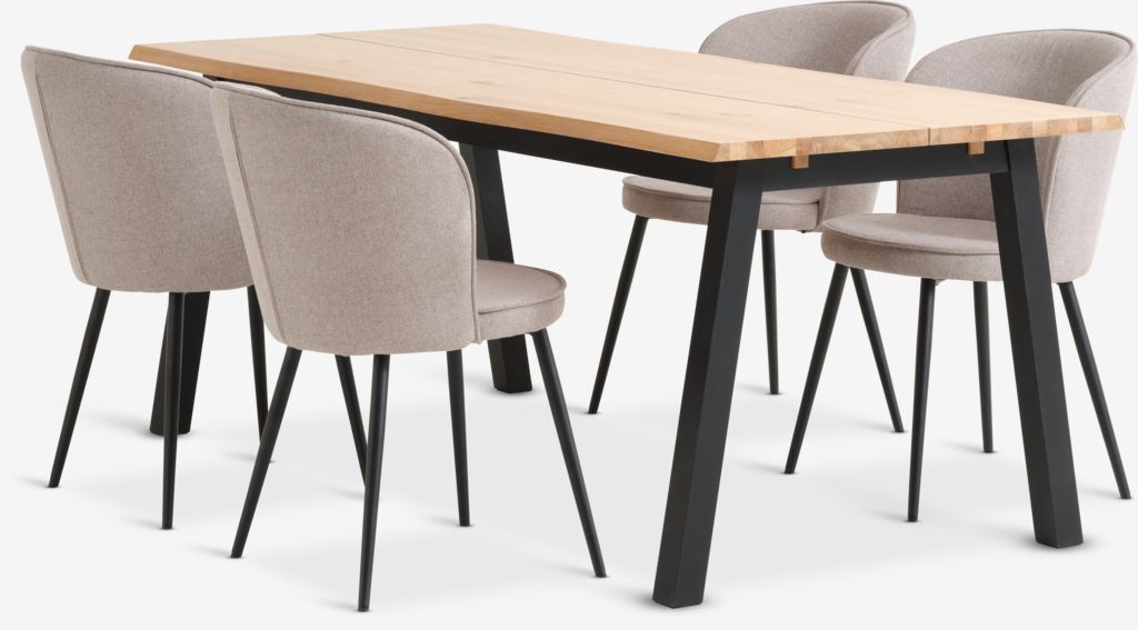 SKOVLUNDE L200 table natural oak + 4 RISSKOV chair l.grey - JYSK