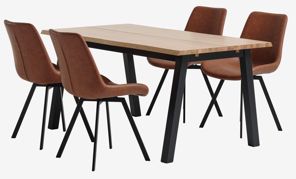 SKOVLUNDE L160 table natural oak+4 HYGUM chairs cognac - JYSK